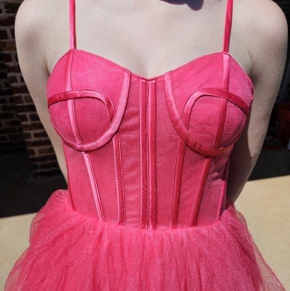 Pink Ruffled Tiered Prom Gown - Picture 4 of 5